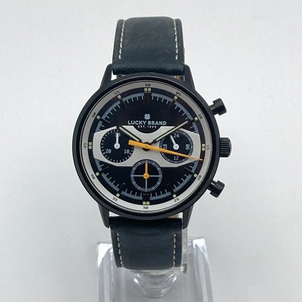 Lucky Brand Mens Watch Chronograph 35mm Black Orange Leather 50M New Battery 9